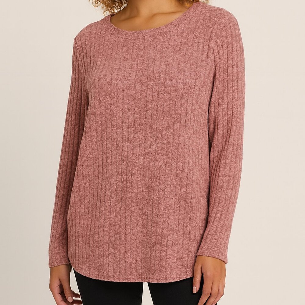Mauve Pink Brushed Ripped Knit Hacci Long Sleeve Tunic Top L Soft Stretch NWOT